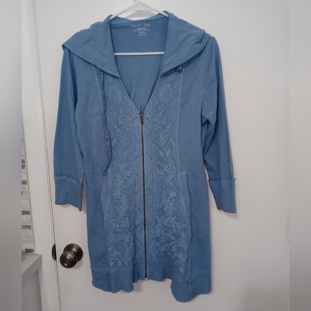 Karyn Seo Greta Full Zip Long Sleeve Distressed  Embroidered Floral Cardigan SM